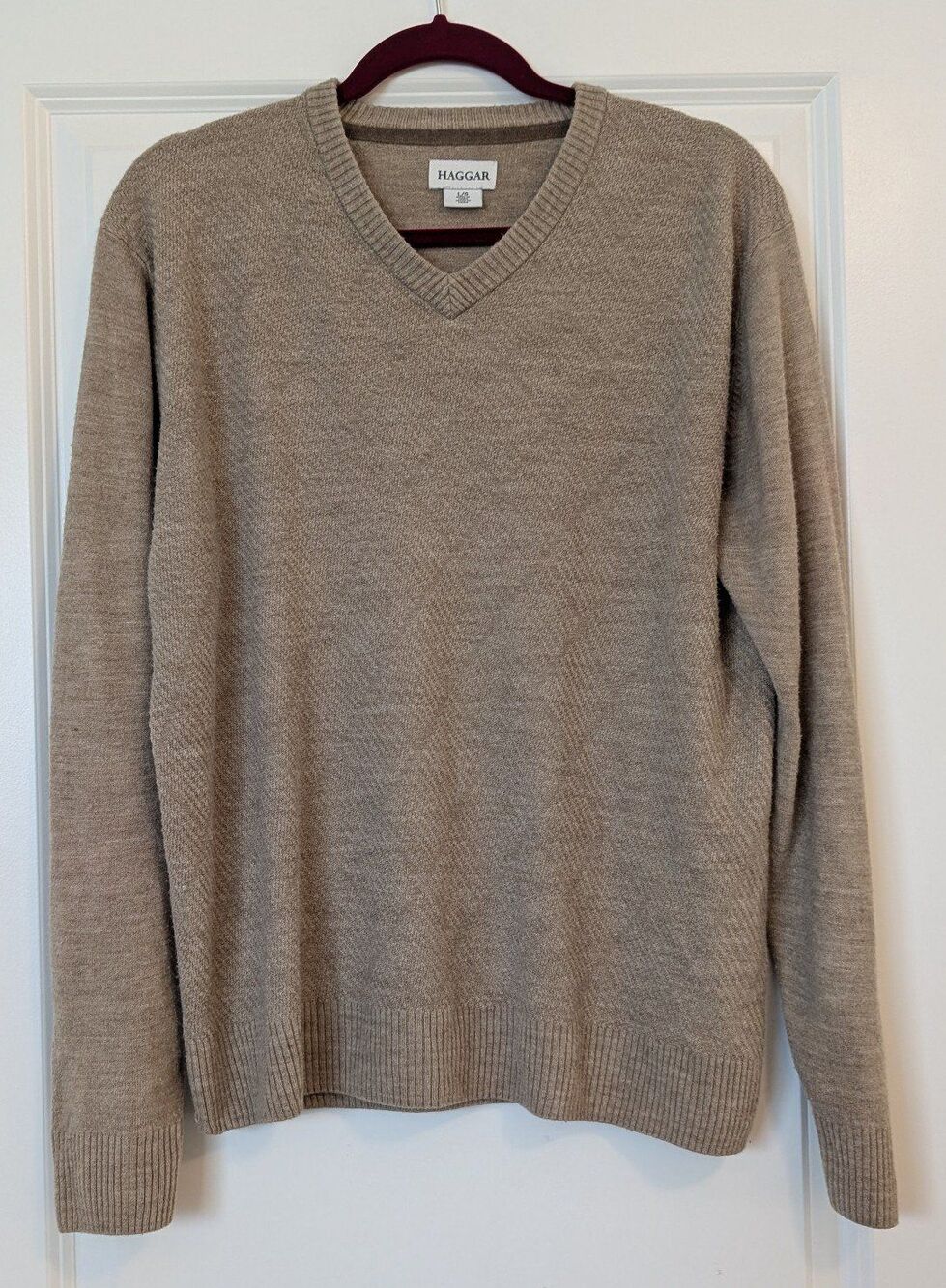 Classic Fall Brown Knit Pullover V-Neck Casual Sweater Haggar Men's Size Large